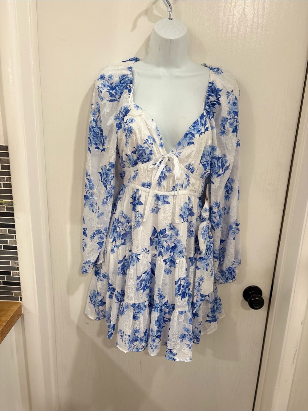 White & Blue Floral Long-Sleeve Tie-Front Mini Dress